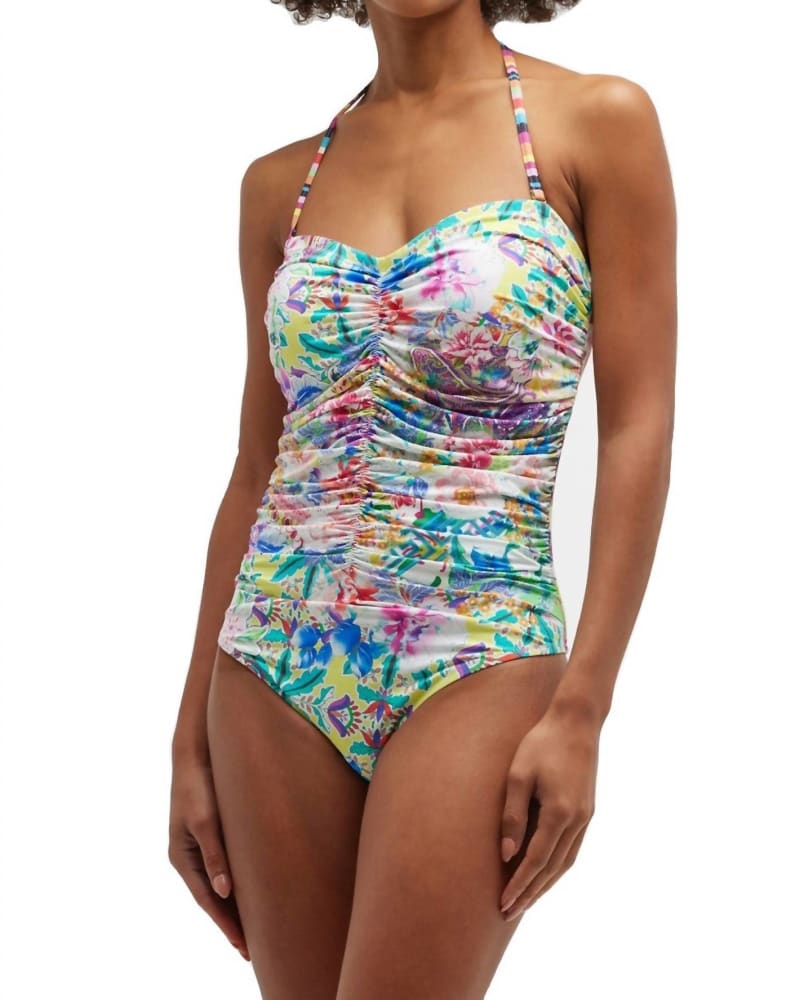 Front of a model wearing a size XXL Ruched Sweetheart One Piece Swimsuit in Multi in Multi by Johnny Was. | dia_product_style_image_id:345539